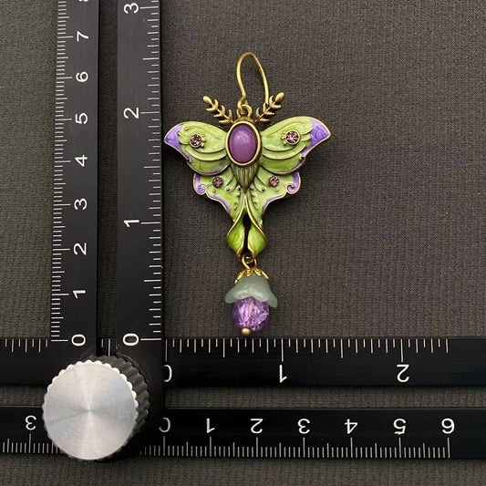 Vintage Green Enamel Moth Dangle Earrings - Spiral Circle