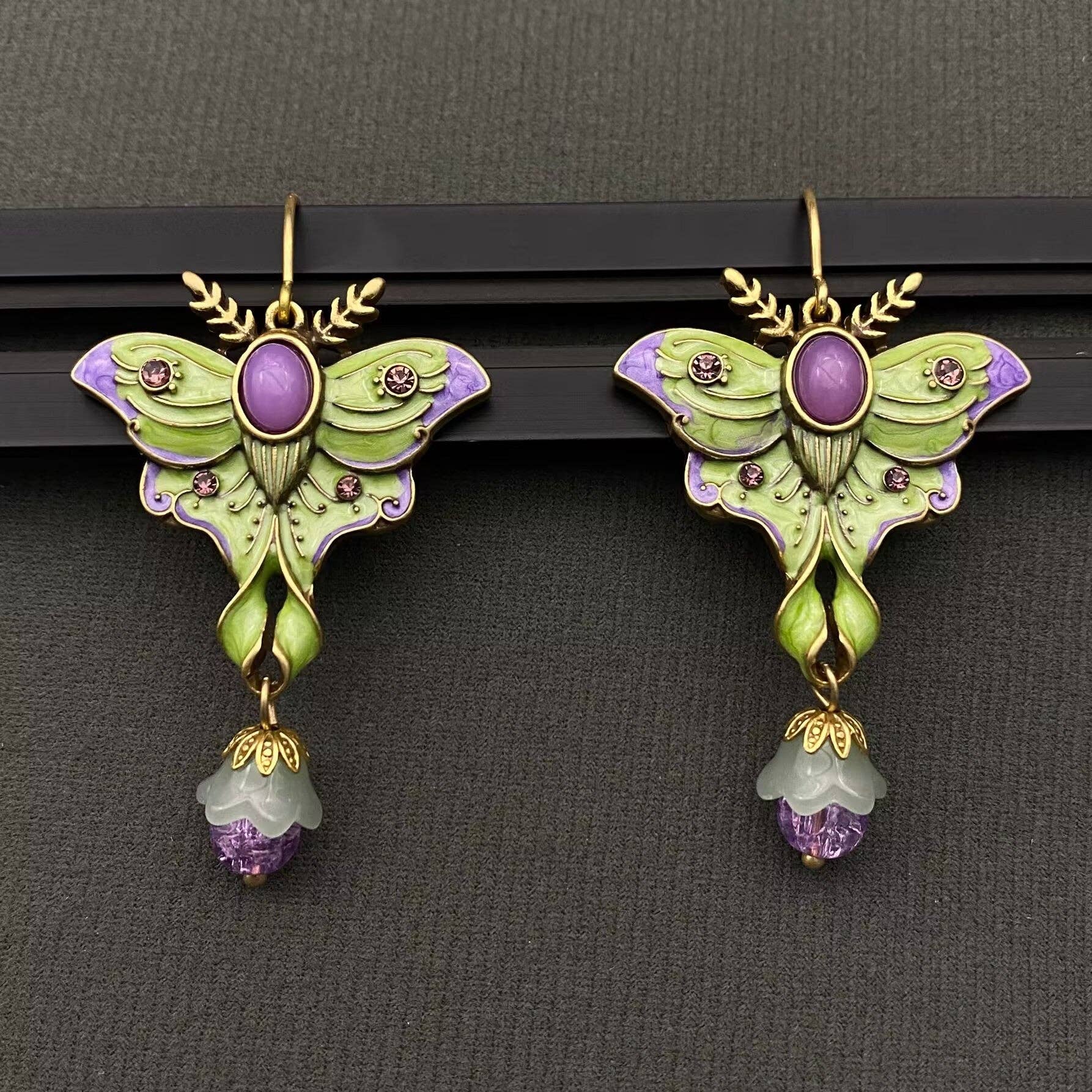 Vintage Green Enamel Moth Dangle Earrings - Spiral Circle