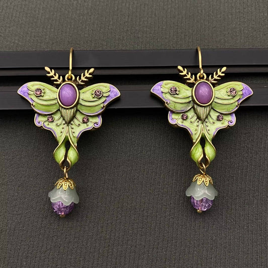 Vintage Green Enamel Moth Dangle Earrings - Spiral Circle