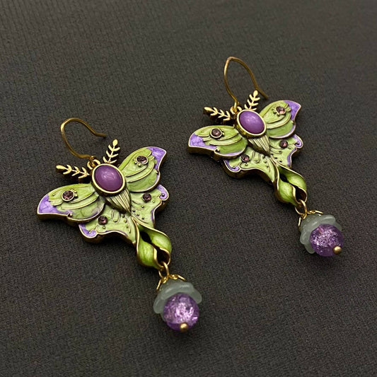 Vintage Green Enamel Moth Dangle Earrings - Spiral Circle