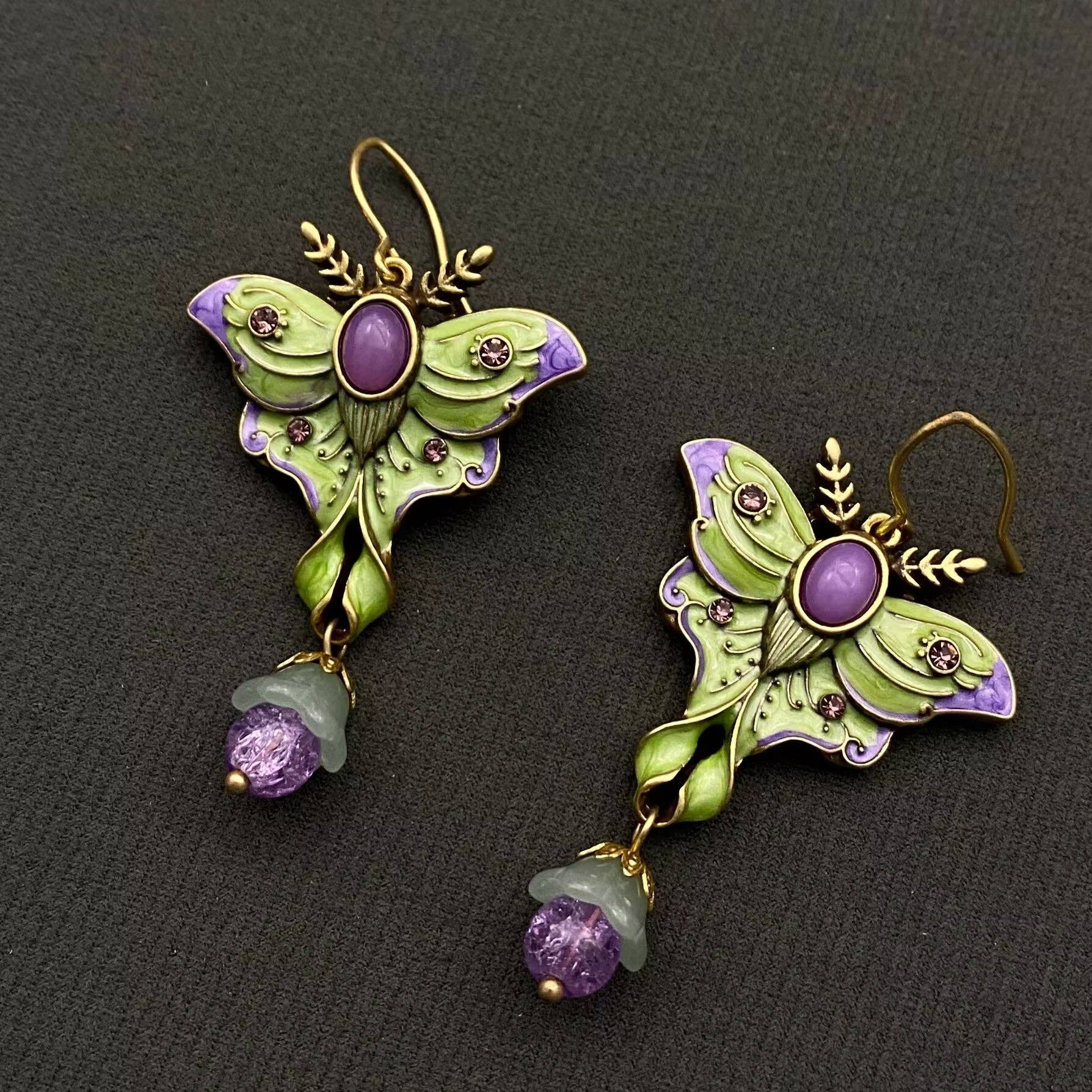 Vintage Green Enamel Moth Dangle Earrings - Spiral Circle