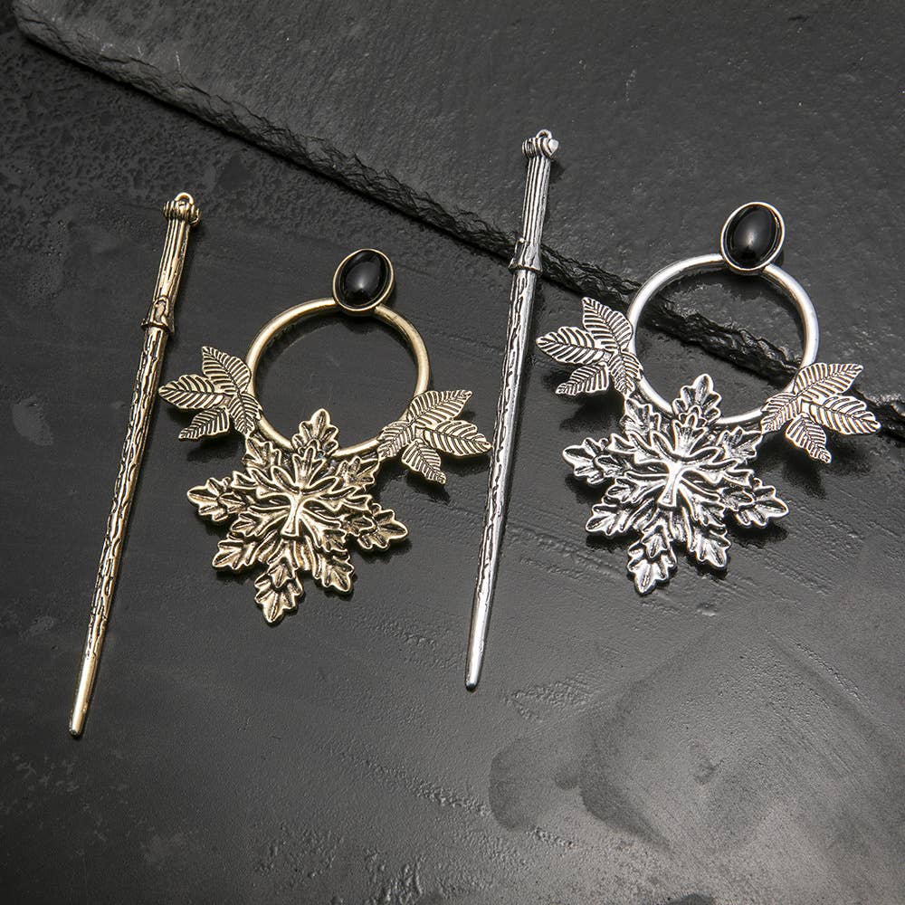 Vintage Metal Leaf Gem Accent Hair Stick - Spiral Circle
