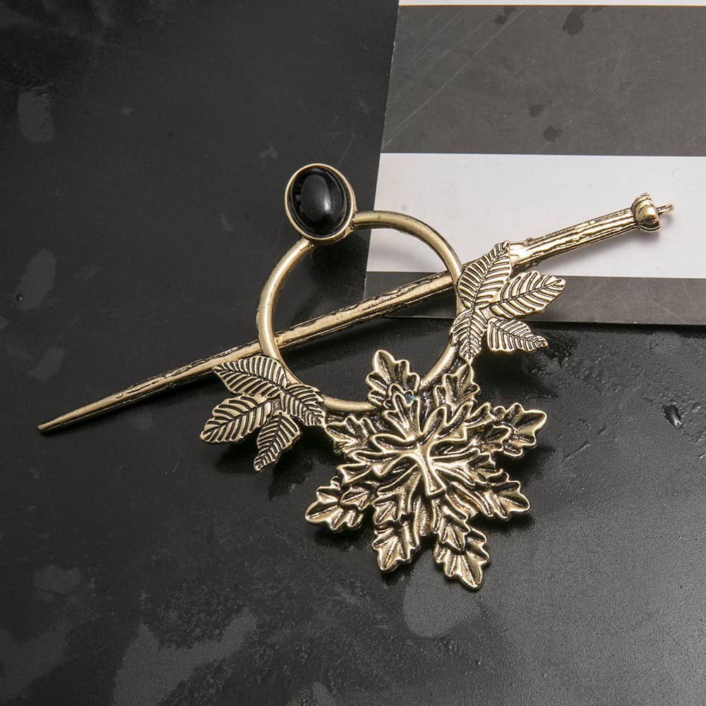 Vintage Metal Leaf Gem Accent Hair Stick - Spiral Circle