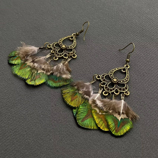 Vintage Peacock Feather Dangle Earrings - Spiral Circle