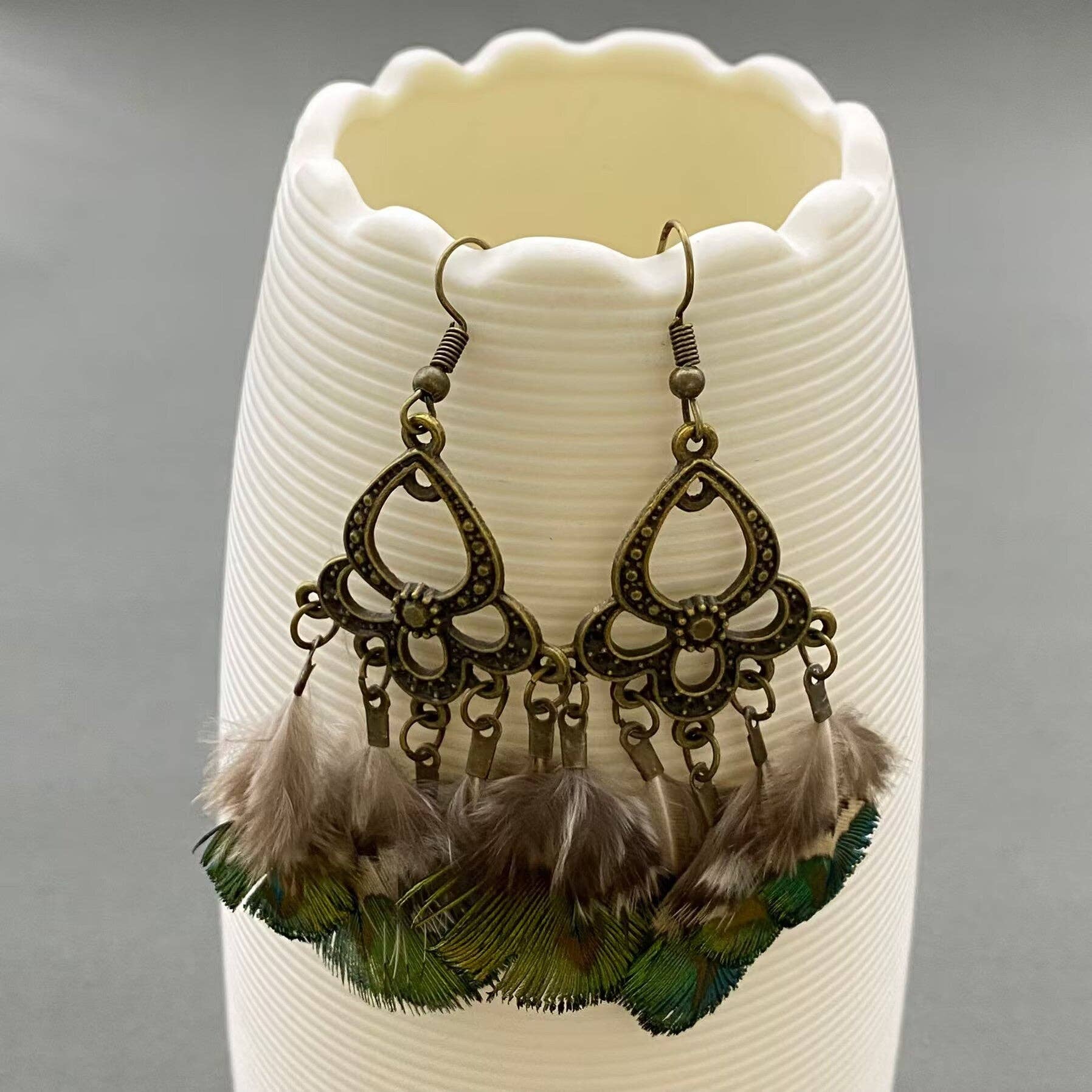 Vintage Peacock Feather Dangle Earrings - Spiral Circle