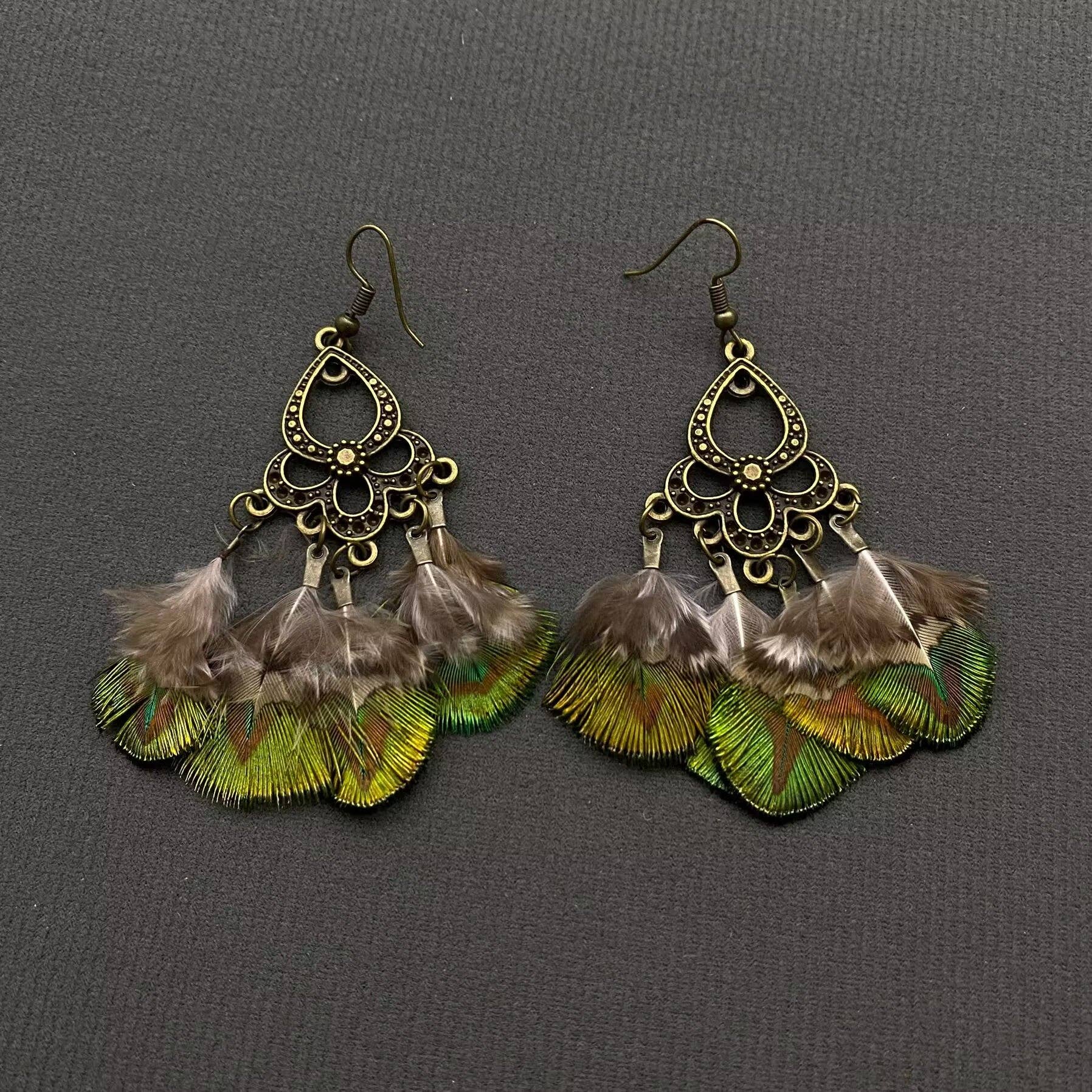 Vintage Peacock Feather Dangle Earrings - Spiral Circle