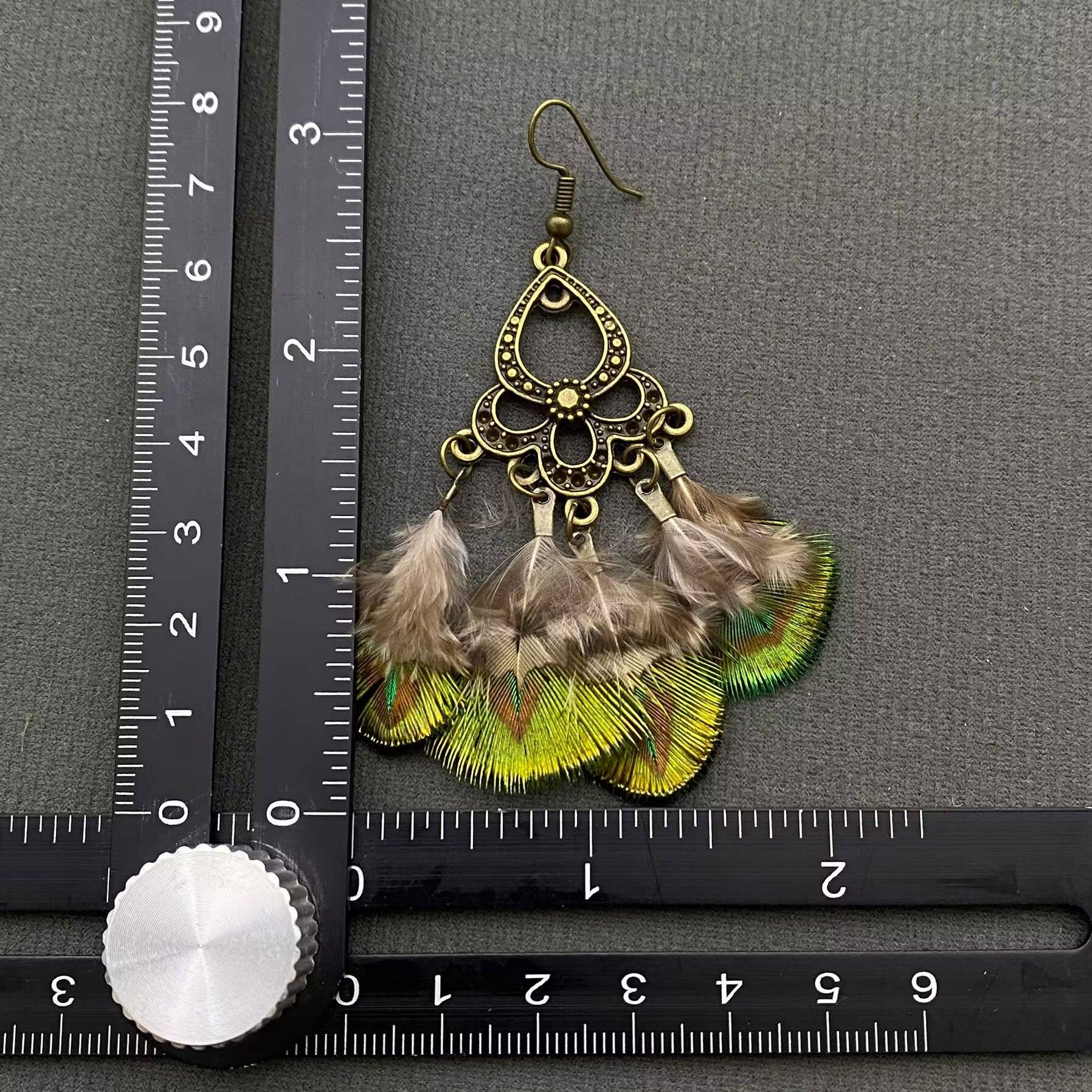Vintage Peacock Feather Dangle Earrings - Spiral Circle