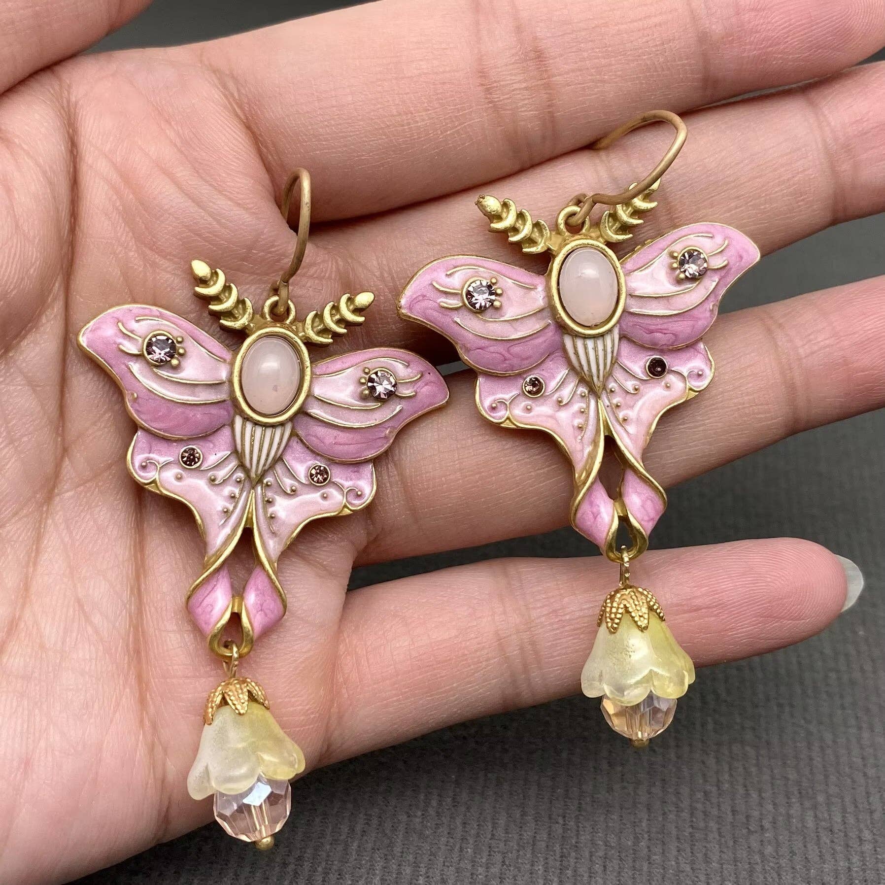 Vintage Pink Enamel Butterfly Dangle Earrings - Spiral Circle