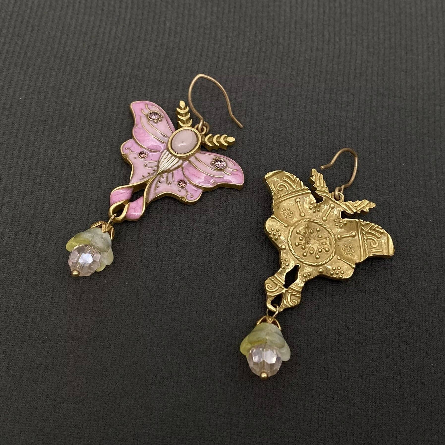 Vintage Pink Enamel Butterfly Dangle Earrings - Spiral Circle