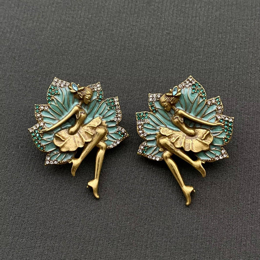 Vintage Rhinestone Enamel Ballet Girl Stud Earrings - Spiral Circle