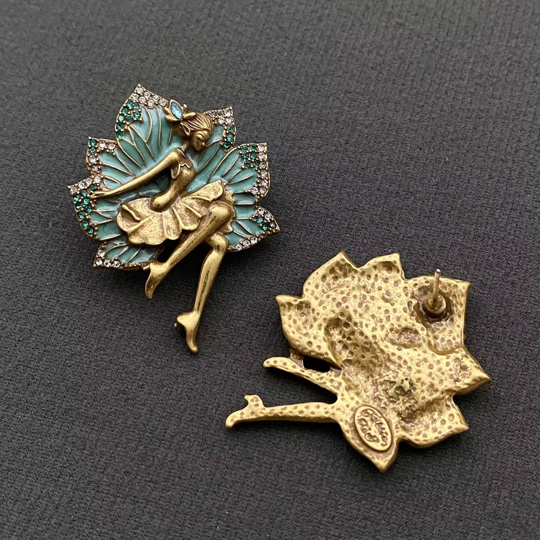 Vintage Rhinestone Enamel Ballet Girl Stud Earrings - Spiral Circle