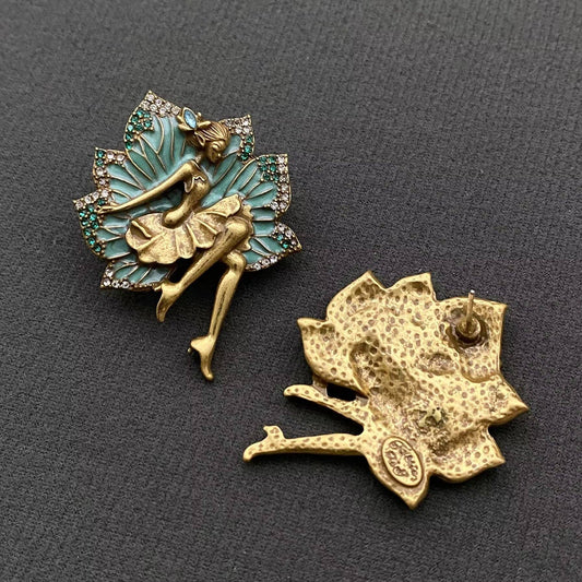 Vintage Rhinestone Enamel Ballet Girl Stud Earrings - Spiral Circle