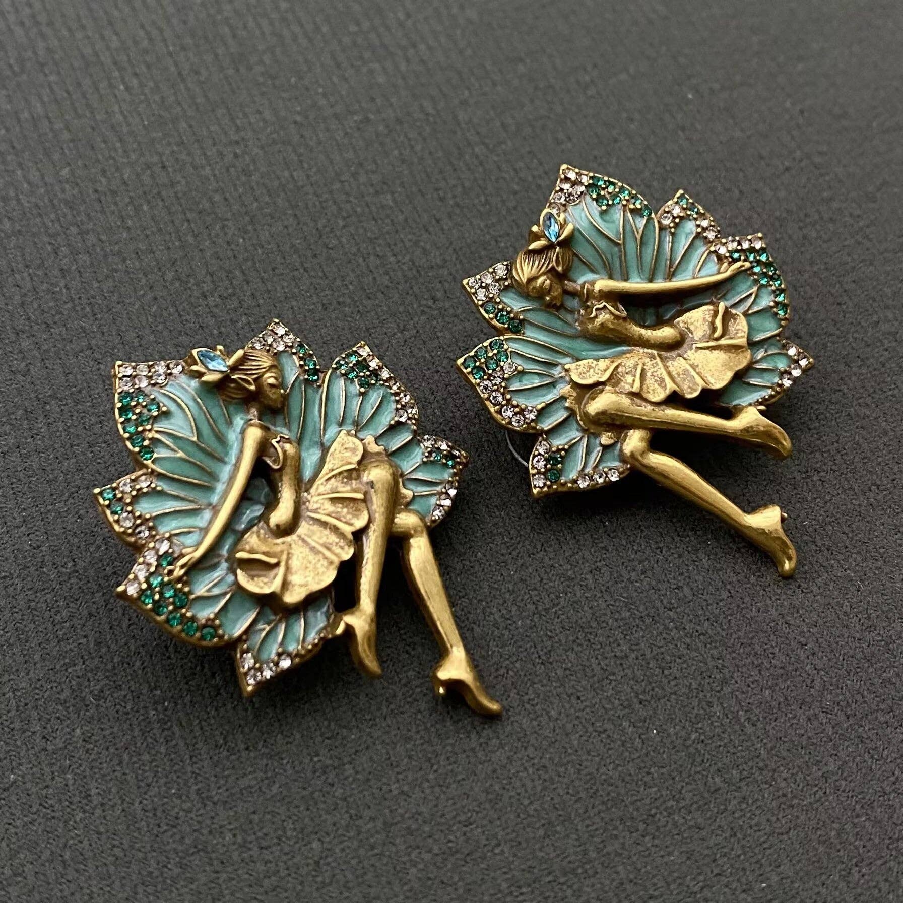 Vintage Rhinestone Enamel Ballet Girl Stud Earrings - Spiral Circle