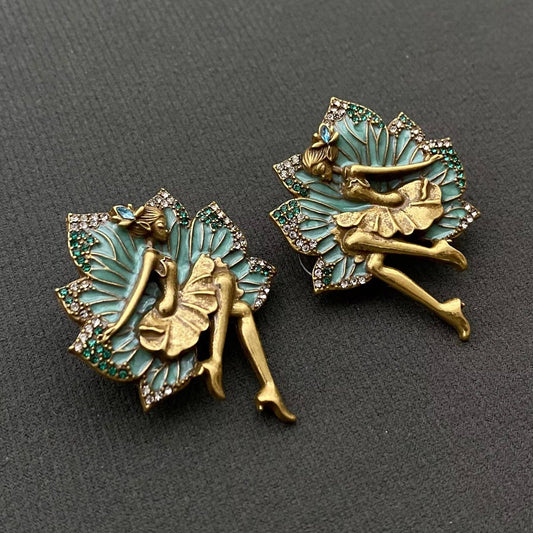 Vintage Rhinestone Enamel Ballet Girl Stud Earrings - Spiral Circle