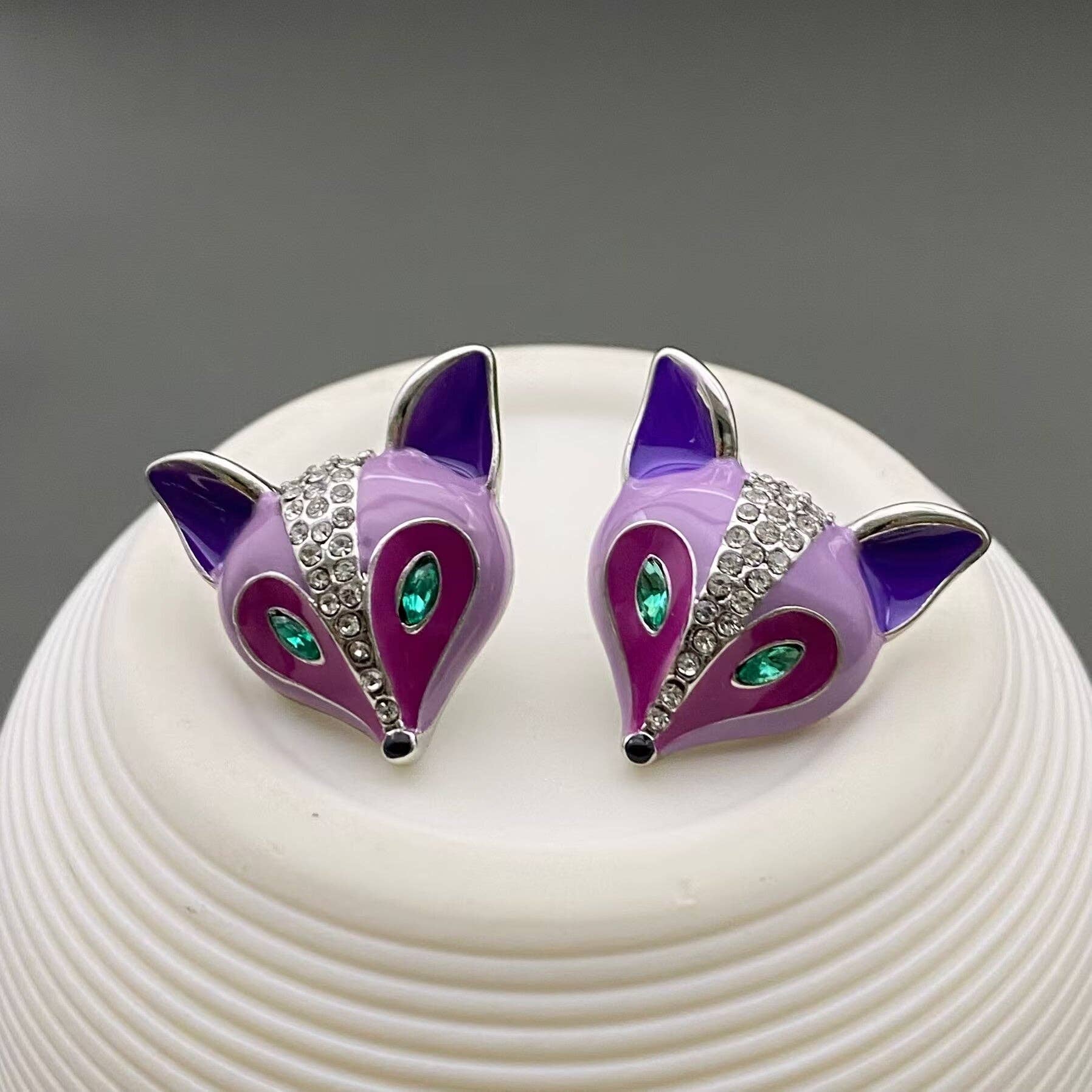 Vintage Rhinestone Enamel Purple Fox Stud Earrings - Spiral Circle