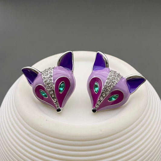Vintage Rhinestone Enamel Purple Fox Stud Earrings - Spiral Circle