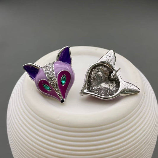 Vintage Rhinestone Enamel Purple Fox Stud Earrings - Spiral Circle