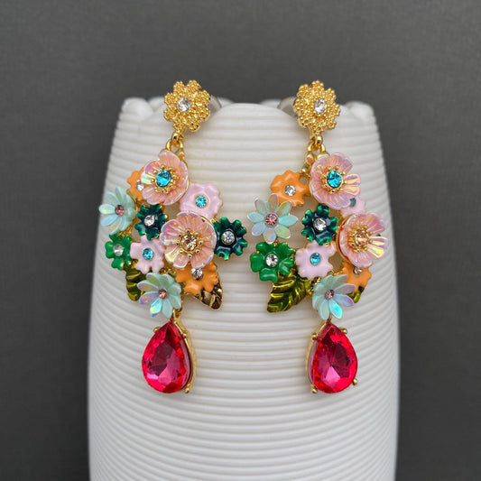 Vintage Style Rhinestone Flowers Earrings - Spiral Circle
