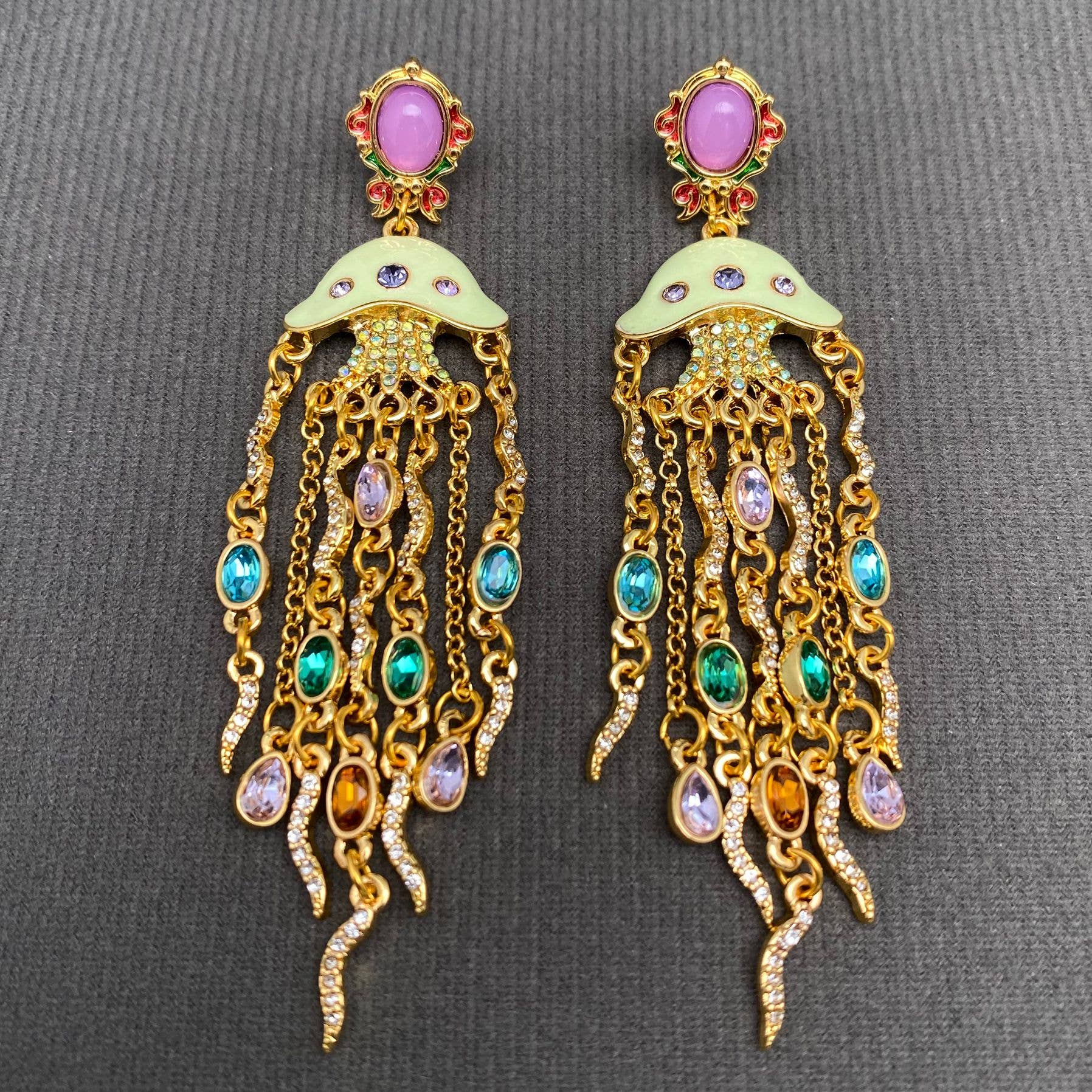Vintage Style Zircon Inlaid Jellyfish Enamel Earrings - Spiral Circle