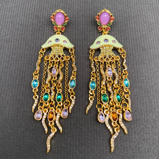 Vintage Style Zircon Inlaid Jellyfish Enamel Earrings - Spiral Circle