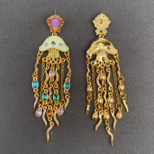 Vintage Style Zircon Inlaid Jellyfish Enamel Earrings - Spiral Circle