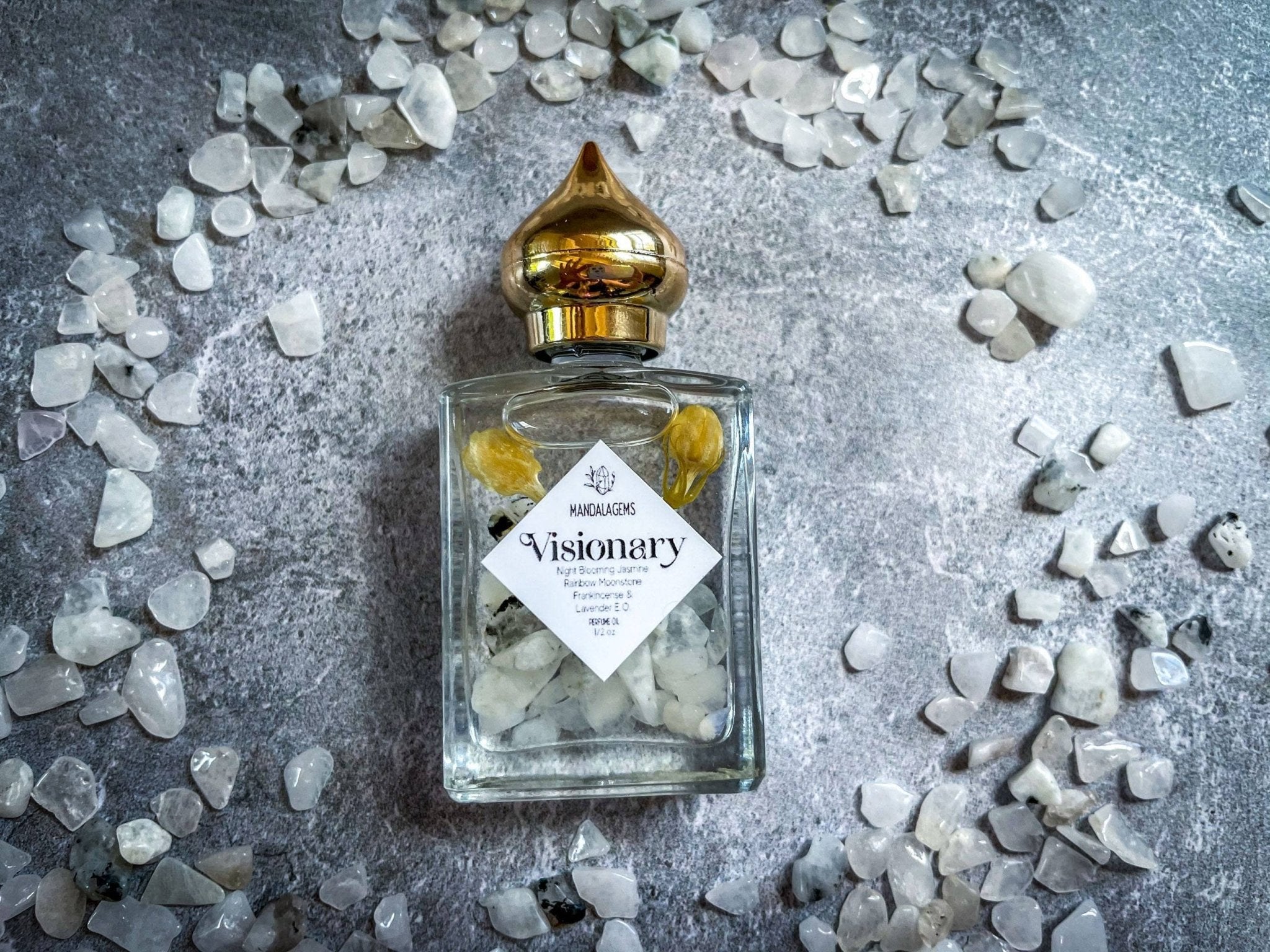 VISIONARY JASMINE Perfume Oil with Rainbow MOONSTONE crystals - Spiral Circle