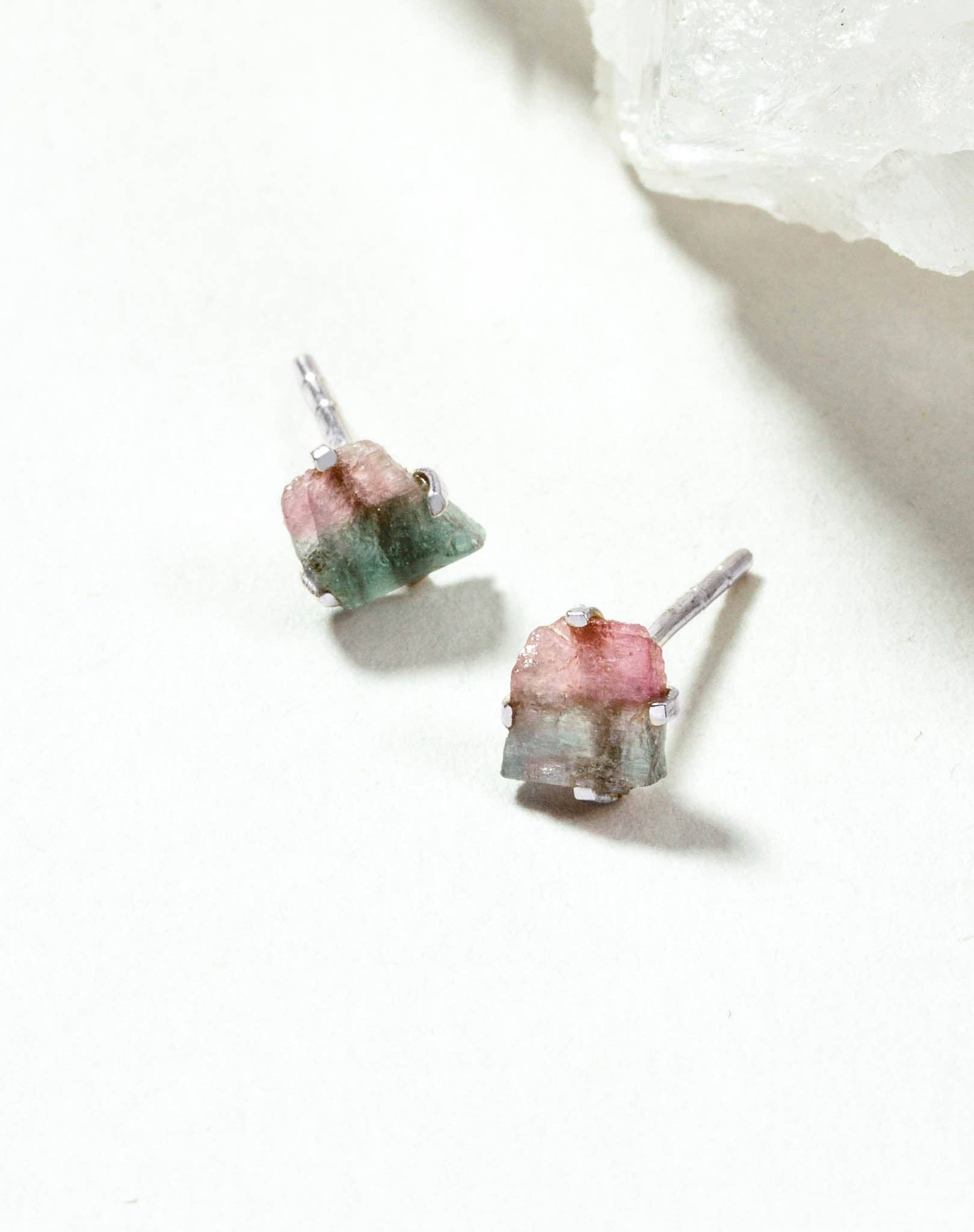 Watermelon Tourmaline Beauty Post Earrings | Sterling Silver - Spiral Circle
