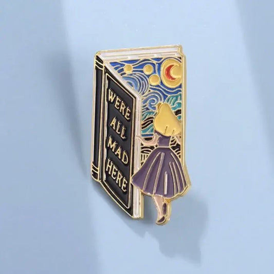 Whimsical Alice - Inspired “We’re All Mad Here” Book Pin - Spiral Circle