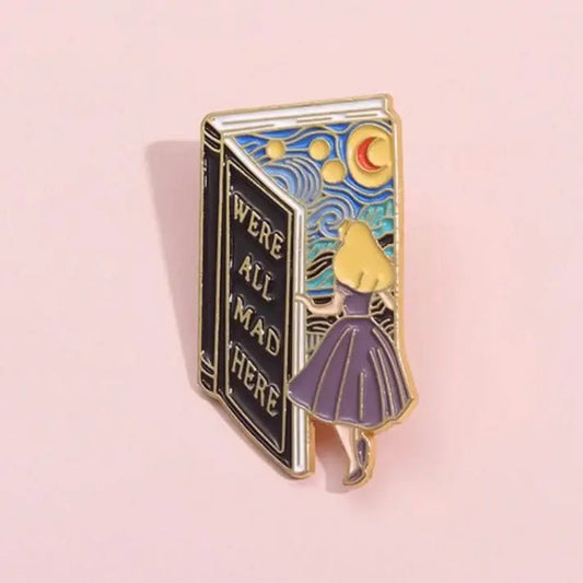 Whimsical Alice - Inspired “We’re All Mad Here” Book Pin - Spiral Circle