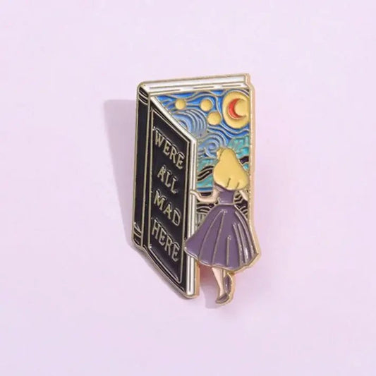 Whimsical Alice - Inspired “We’re All Mad Here” Book Pin - Spiral Circle