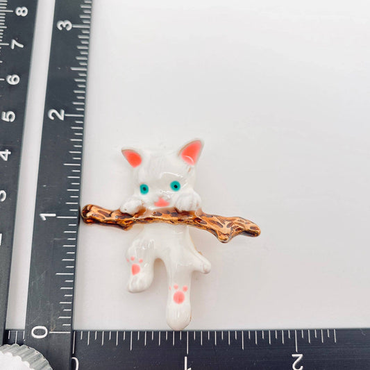 White Cat Hanging On A Branch Enamel Brooch - Spiral Circle