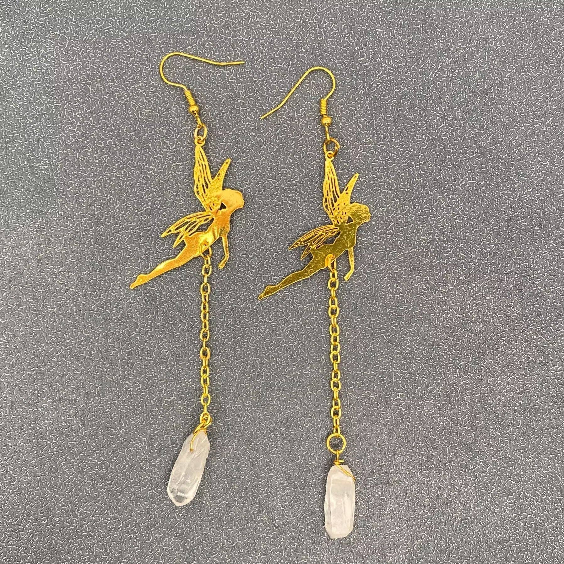 White Crystal Golden Elf Dangle Earrings - Spiral Circle