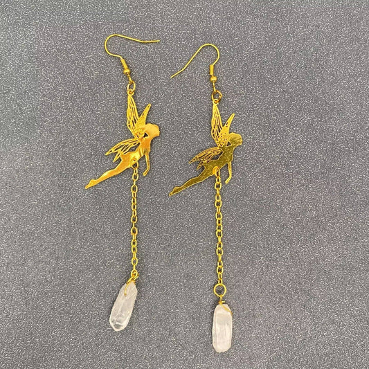 White Crystal Golden Elf Dangle Earrings - Spiral Circle