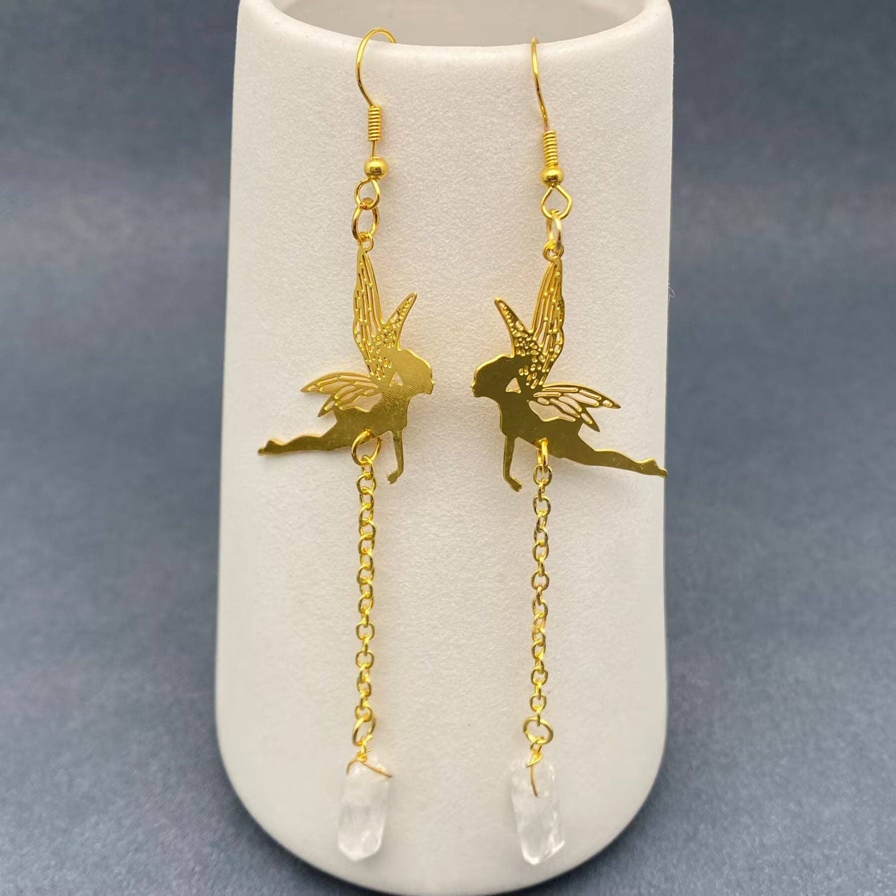 White Crystal Golden Elf Dangle Earrings - Spiral Circle