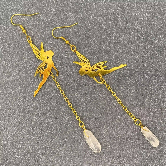 White Crystal Golden Elf Dangle Earrings - Spiral Circle