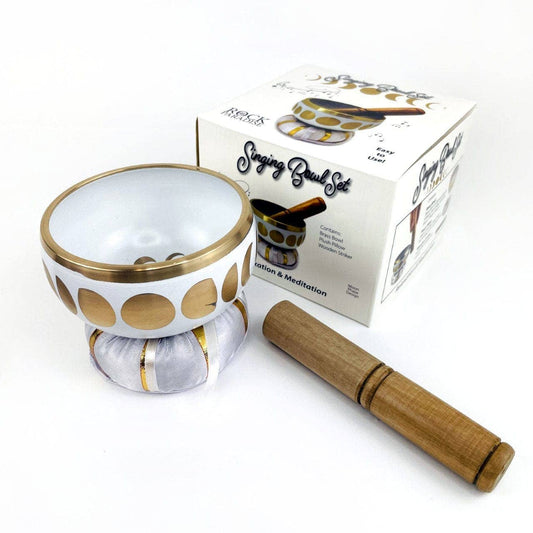 White Moon Phase Brass Singing Bowl Set - Spiral Circle