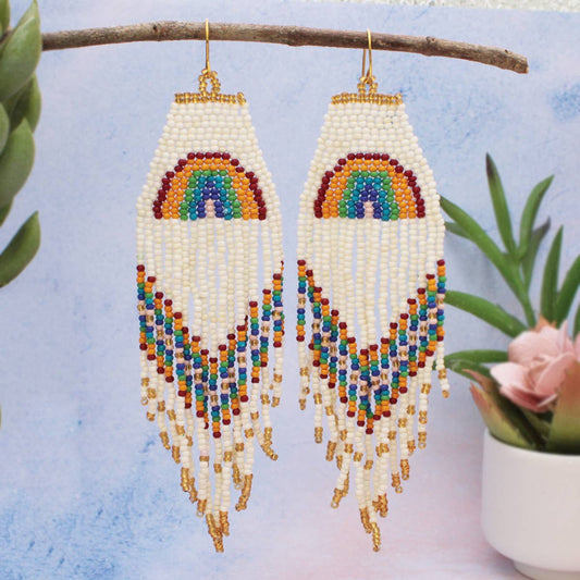 White Rainbow Fringe Beaded Earrings - Spiral Circle