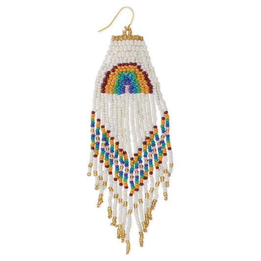 White Rainbow Fringe Beaded Earrings - Spiral Circle