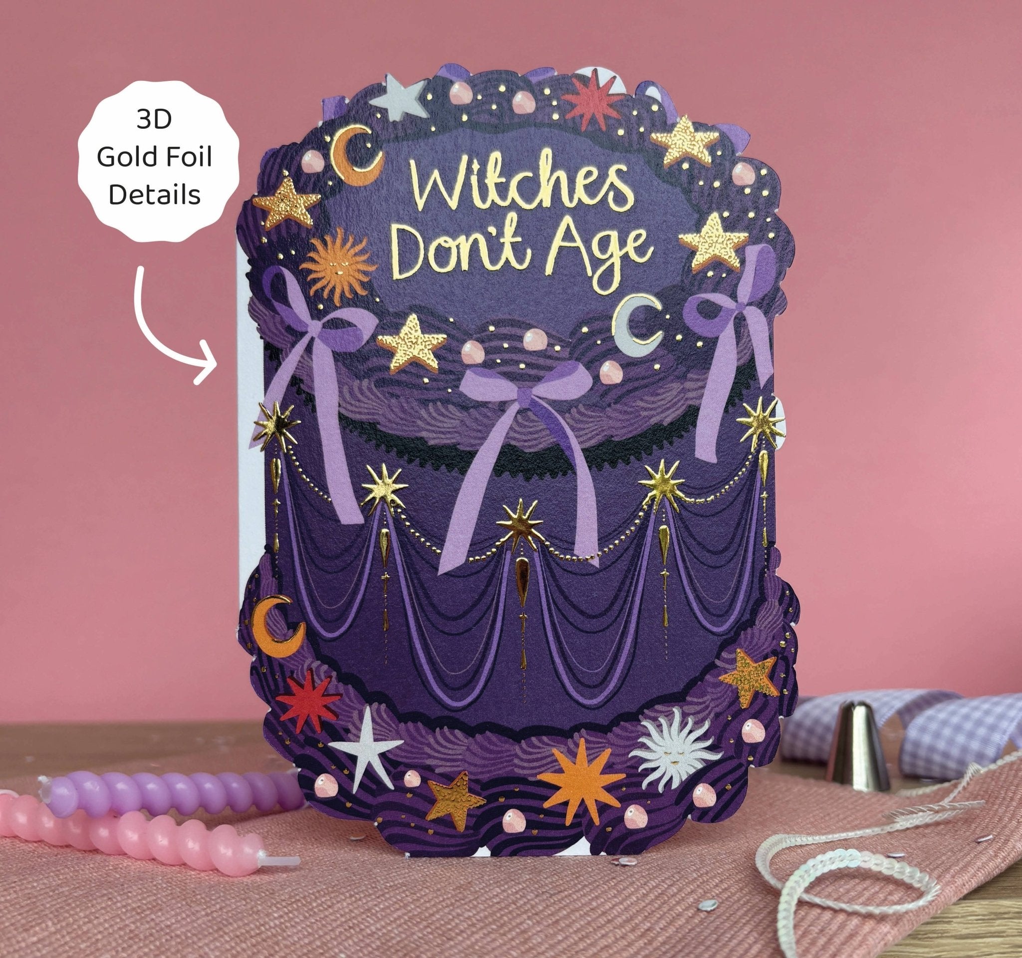 Witches Don't Age - Birthday Cake Shaped Greeting Card - Spiral Circle