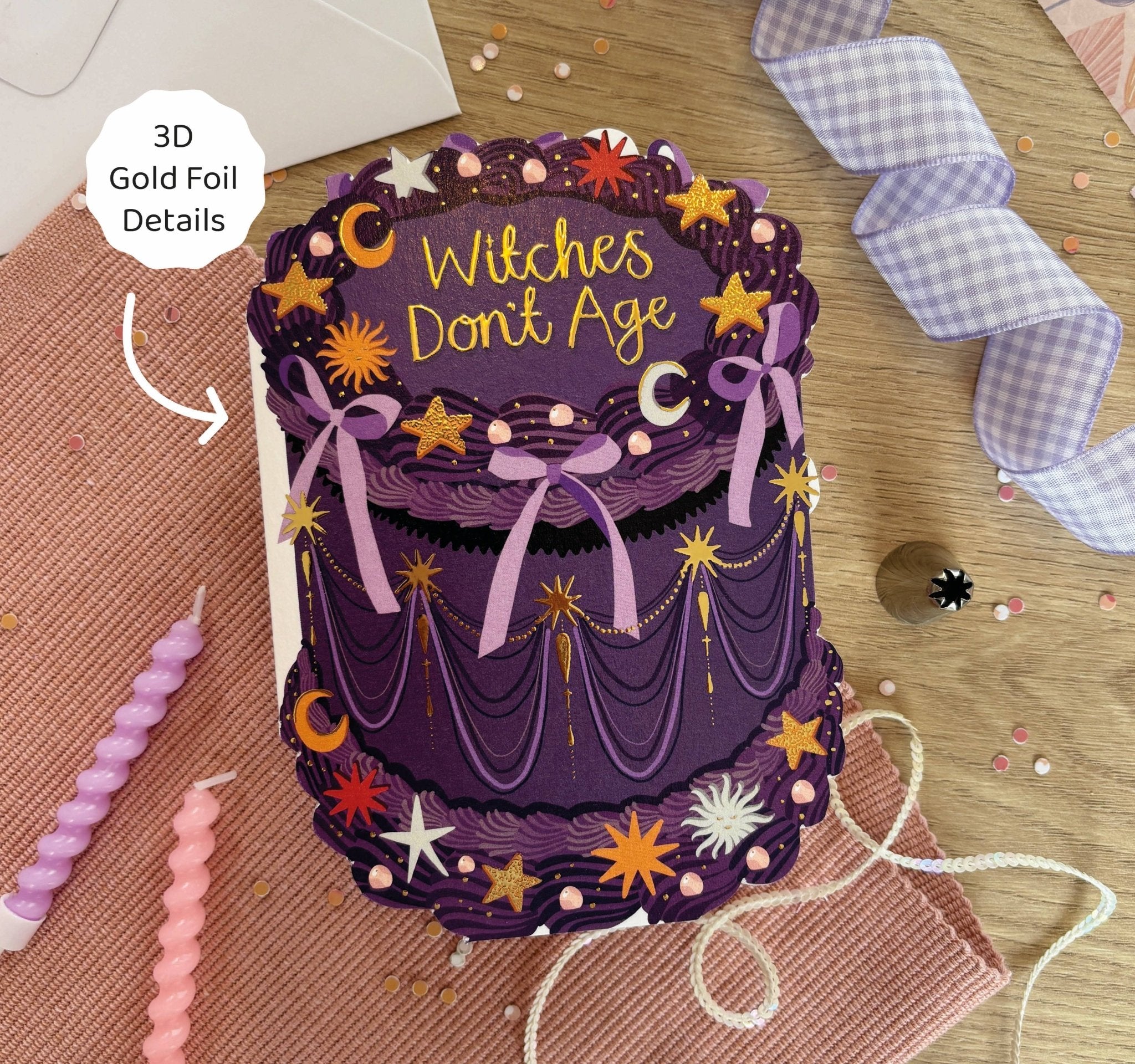 Witches Don't Age - Birthday Cake Shaped Greeting Card - Spiral Circle
