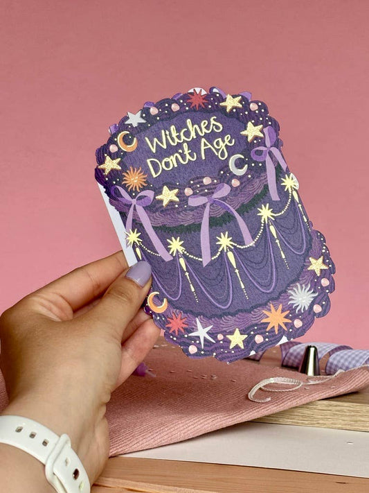 Witches Don't Age - Birthday Cake Shaped Greeting Card - Spiral Circle