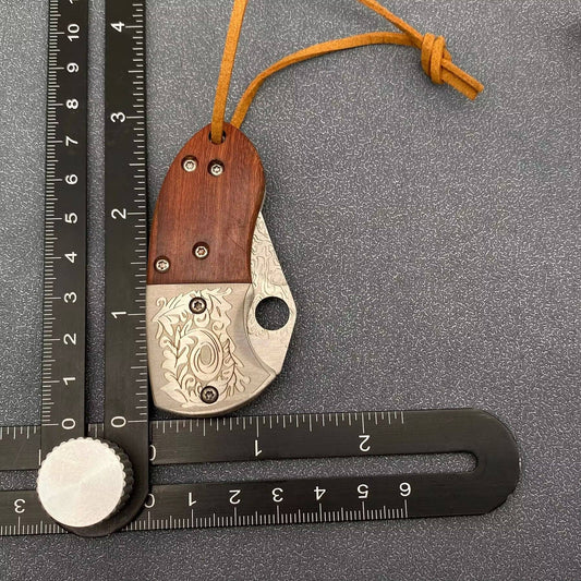 Wooden Handle Patterned Stainless Steel Foldable Knife - Spiral Circle