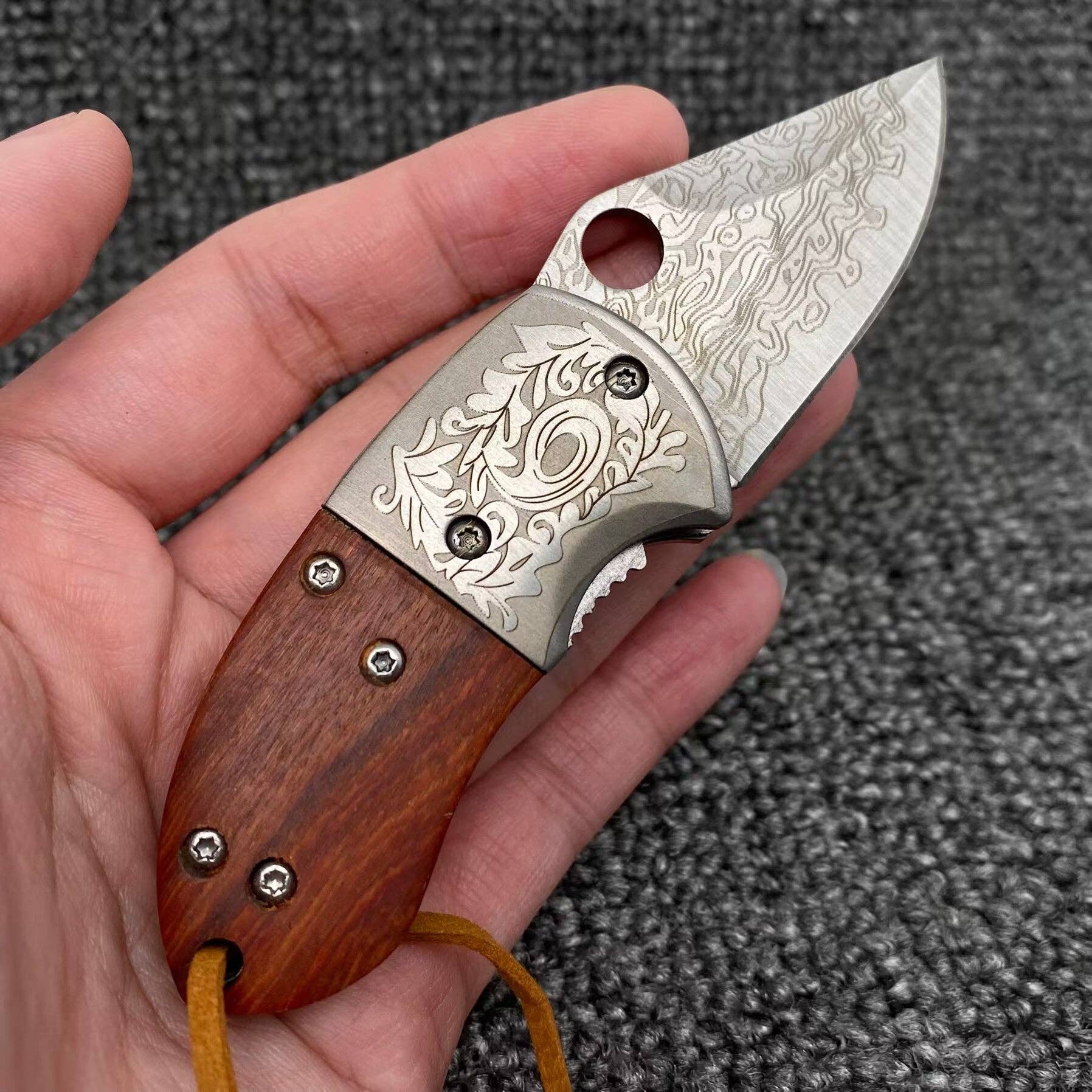 Wooden Handle Patterned Stainless Steel Foldable Knife - Spiral Circle