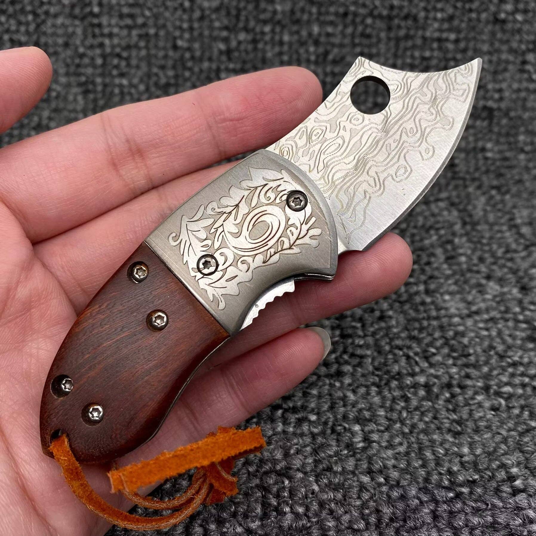 Wooden Handle Patterned Stainless Steel Foldable Knife - Spiral Circle