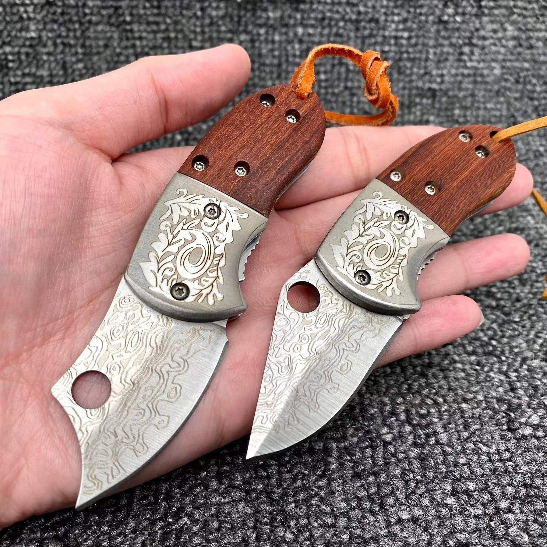 Wooden Handle Patterned Stainless Steel Foldable Knife - Spiral Circle