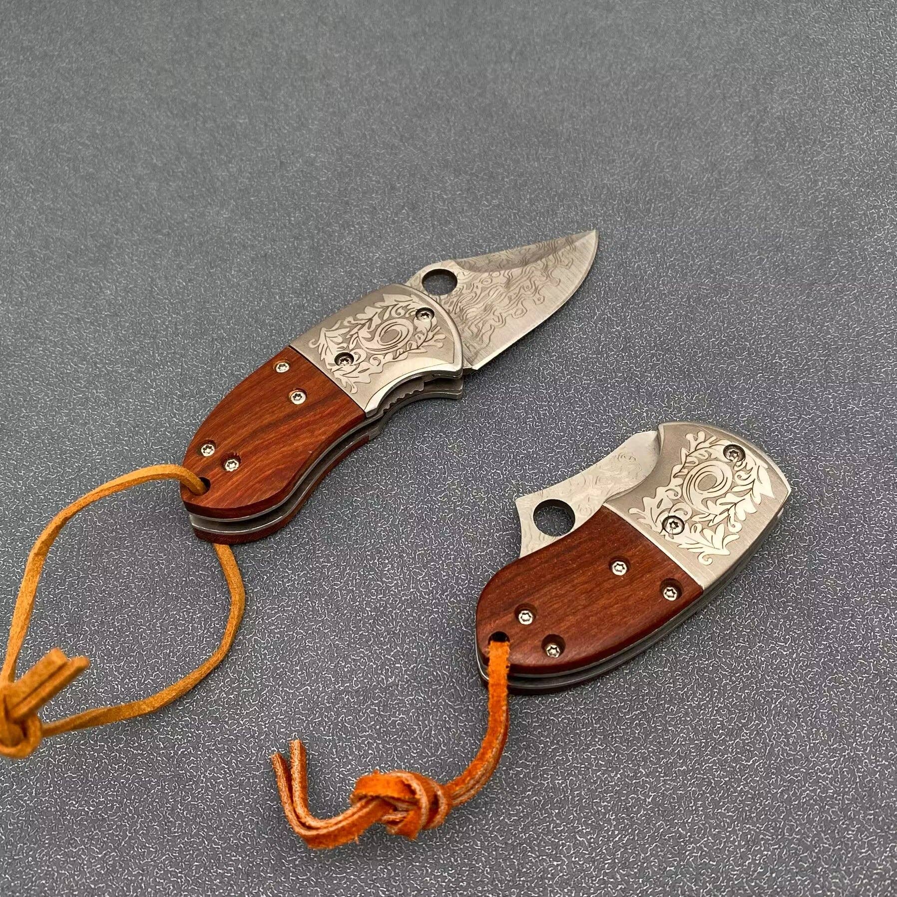 Wooden Handle Patterned Stainless Steel Foldable Knife - Spiral Circle