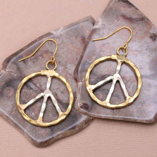 Woodstock Vibes Silver Gold Peace Sign Earring - Spiral Circle