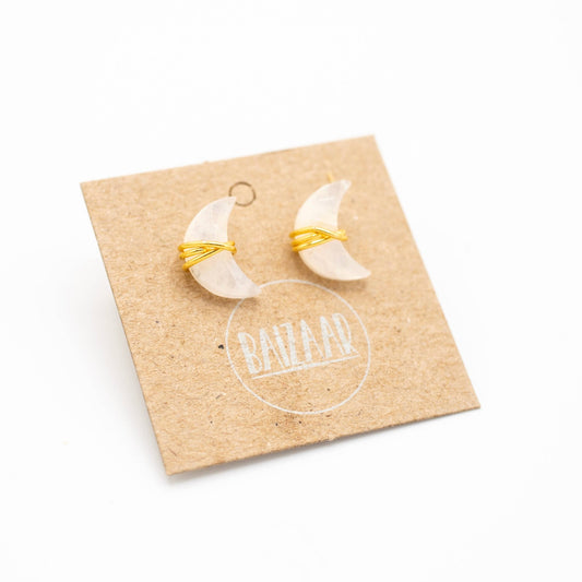 Wrapped Crescent Stone Stud - Gold Plated Brass - Spiral Circle