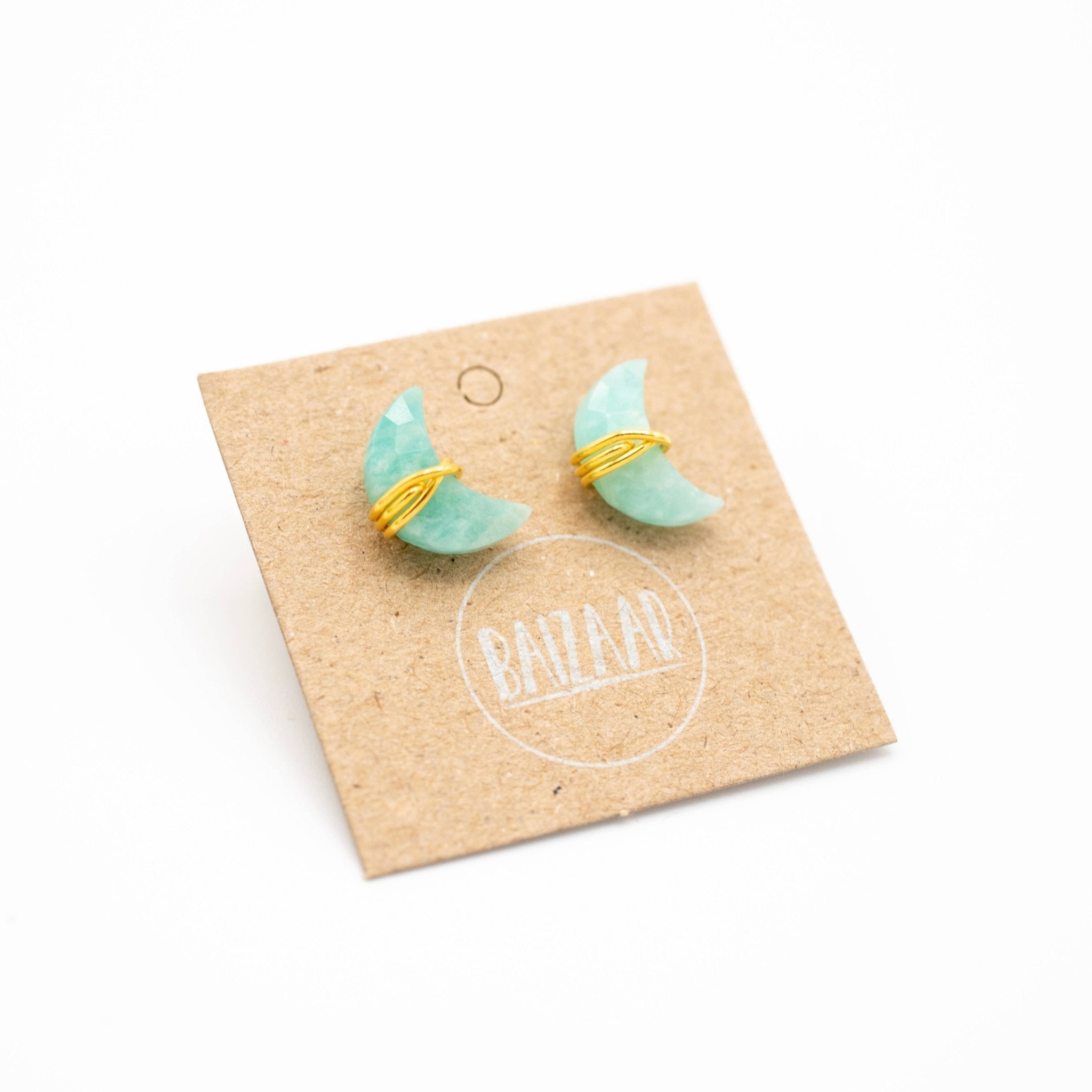 Wrapped Crescent Stone Stud - Gold Plated Brass - Spiral Circle