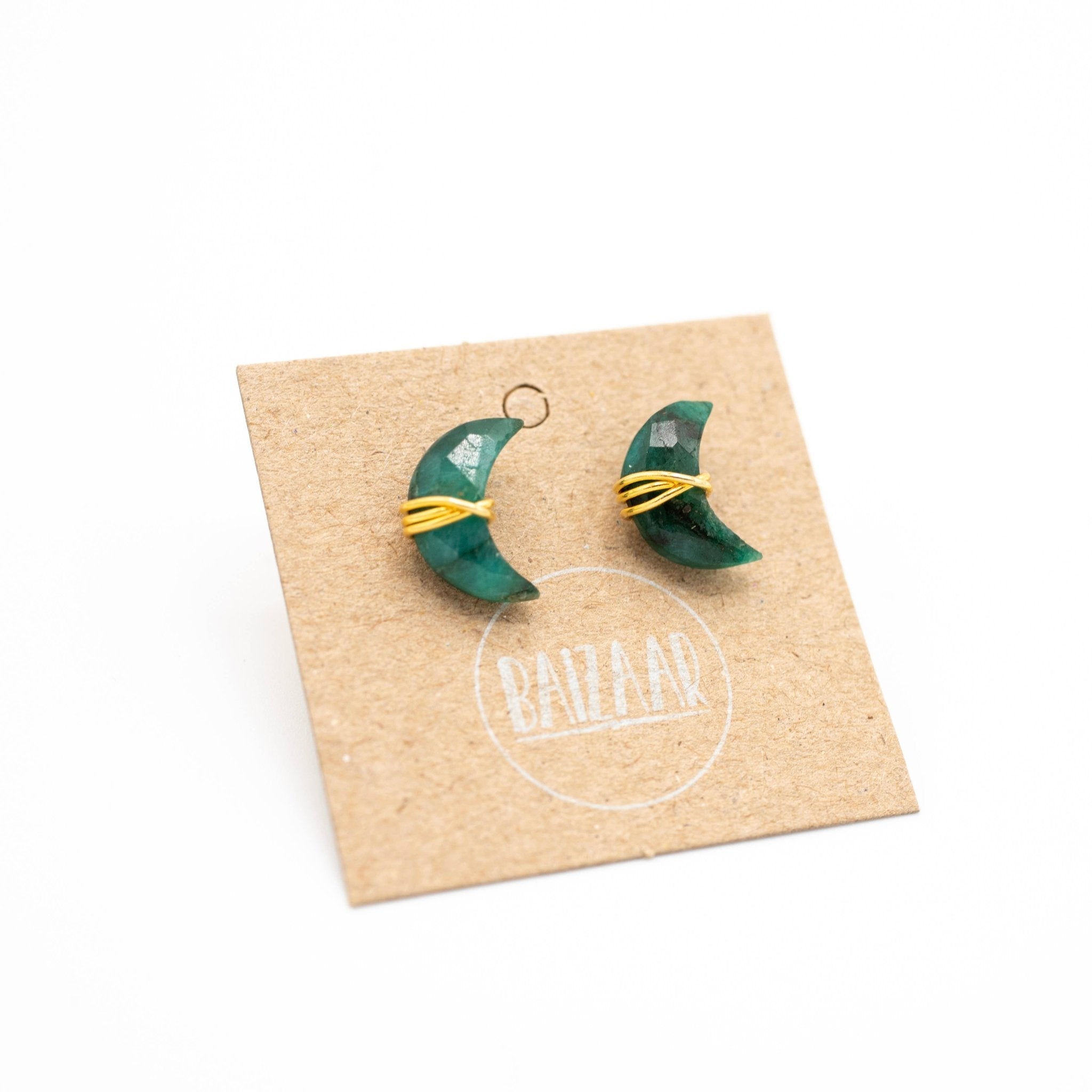 Wrapped Crescent Stone Stud - Gold Plated Brass - Spiral Circle